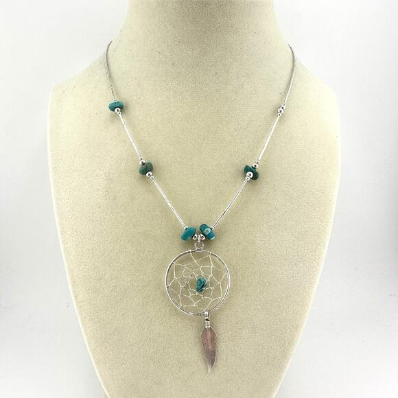 16” Vintage 925 Sterling Silver Turquoise Dreamcatcher Feather Charm Necklace - Picture 1 of 7